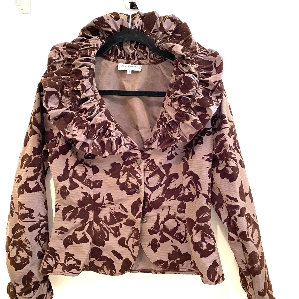 Anne Fontaine Taupe and Chocolate Floral Ruffle-Collar Blouse - Picture 1 of 3